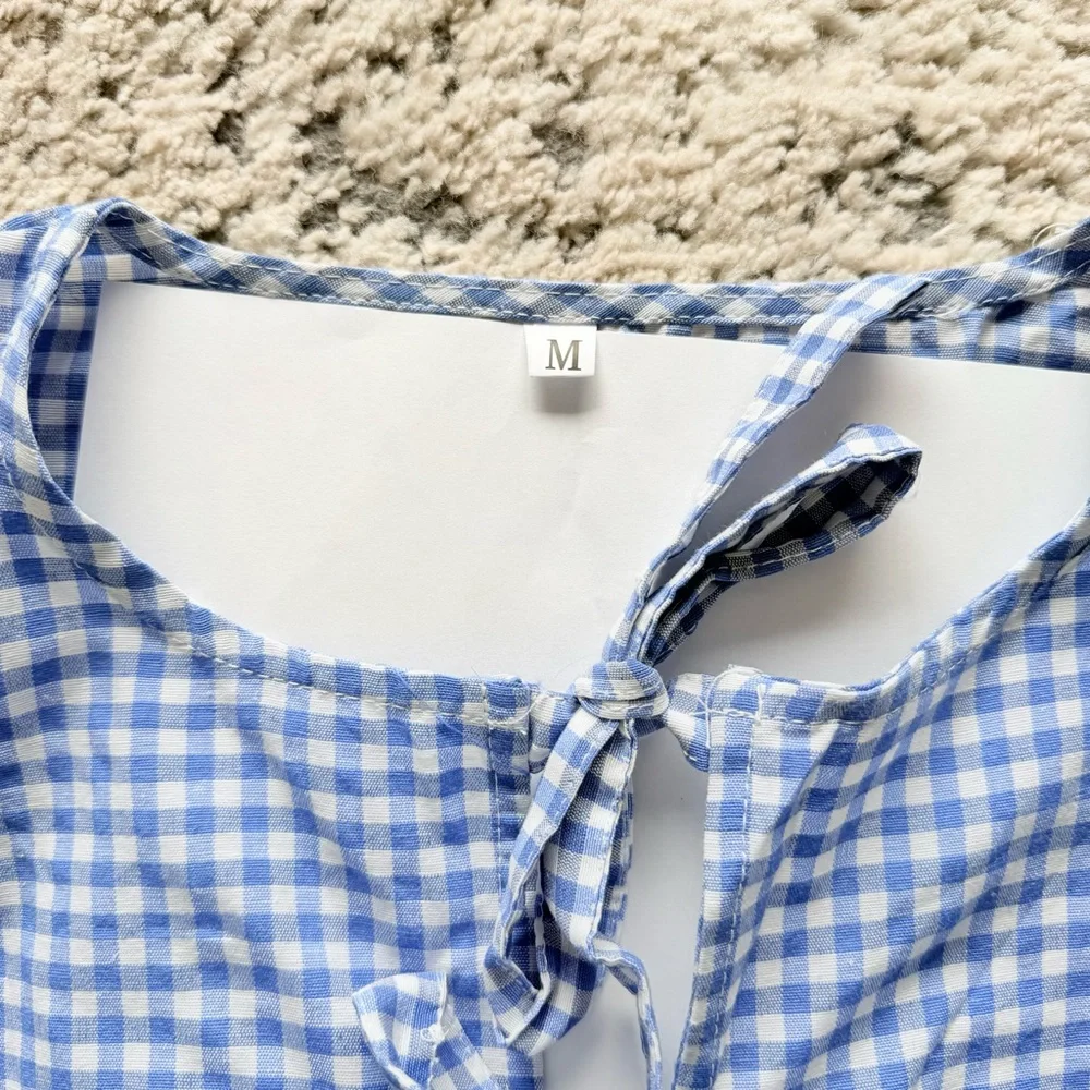 NWOT-Woman’s Blue Plaid Gingham Babydoll Top w/ Tie Front Short Puff Sleeves - Picture 4 of 14